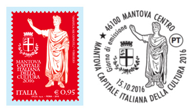 Francobollo celebrativo Mantova Capitale Italiana della Cultura 2016 e annullo timbro filatelico per annullo
