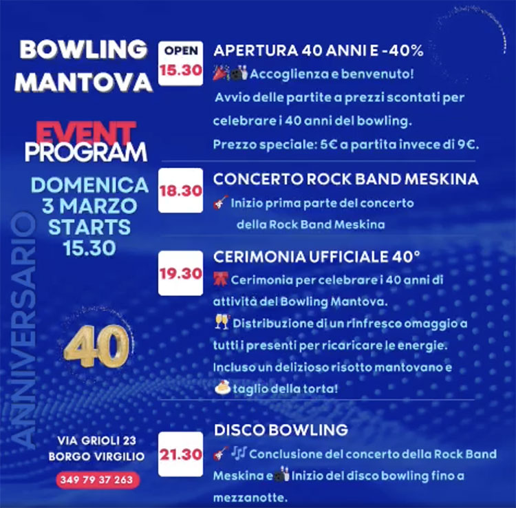 programma festa 40 anni Bowling Mantova 2024