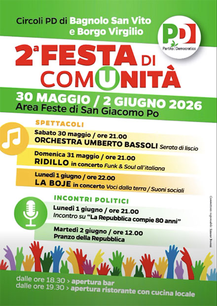 festa unità 2026 circoli PD Bagnolo San Vito e Borgo Virgilio (MN)