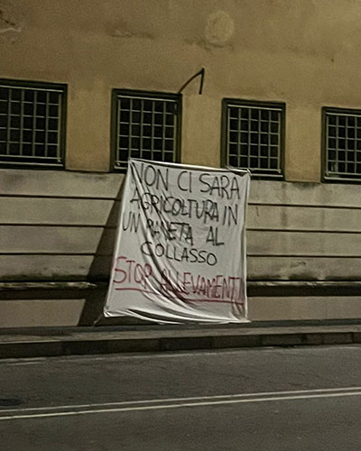 striscione Non ci sarà agricoltura in un pianeta al collasso: stop allevamenti ora Mantova 2024